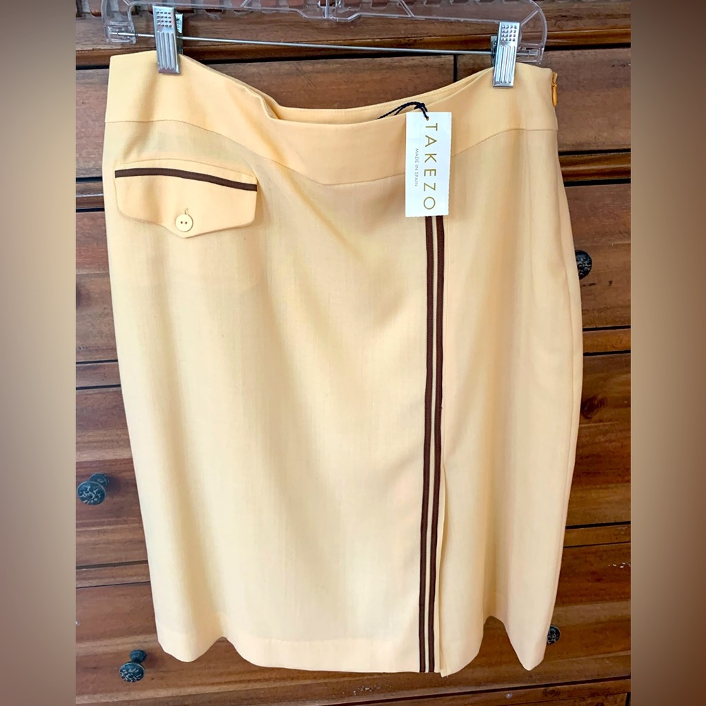 NWT Takezo Pencil Skirt: Soft Lemon, Left Brown Stripe, Right Pocket, Size 10